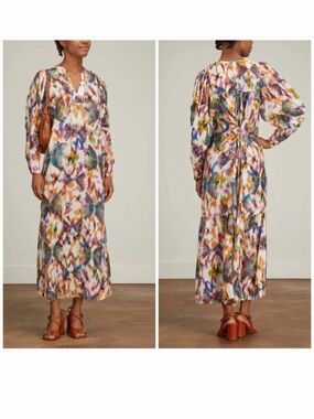 Maria Cher Maxi Dress Tie Neck Corset Lace Back Long Sleeve Multicolor, Size L